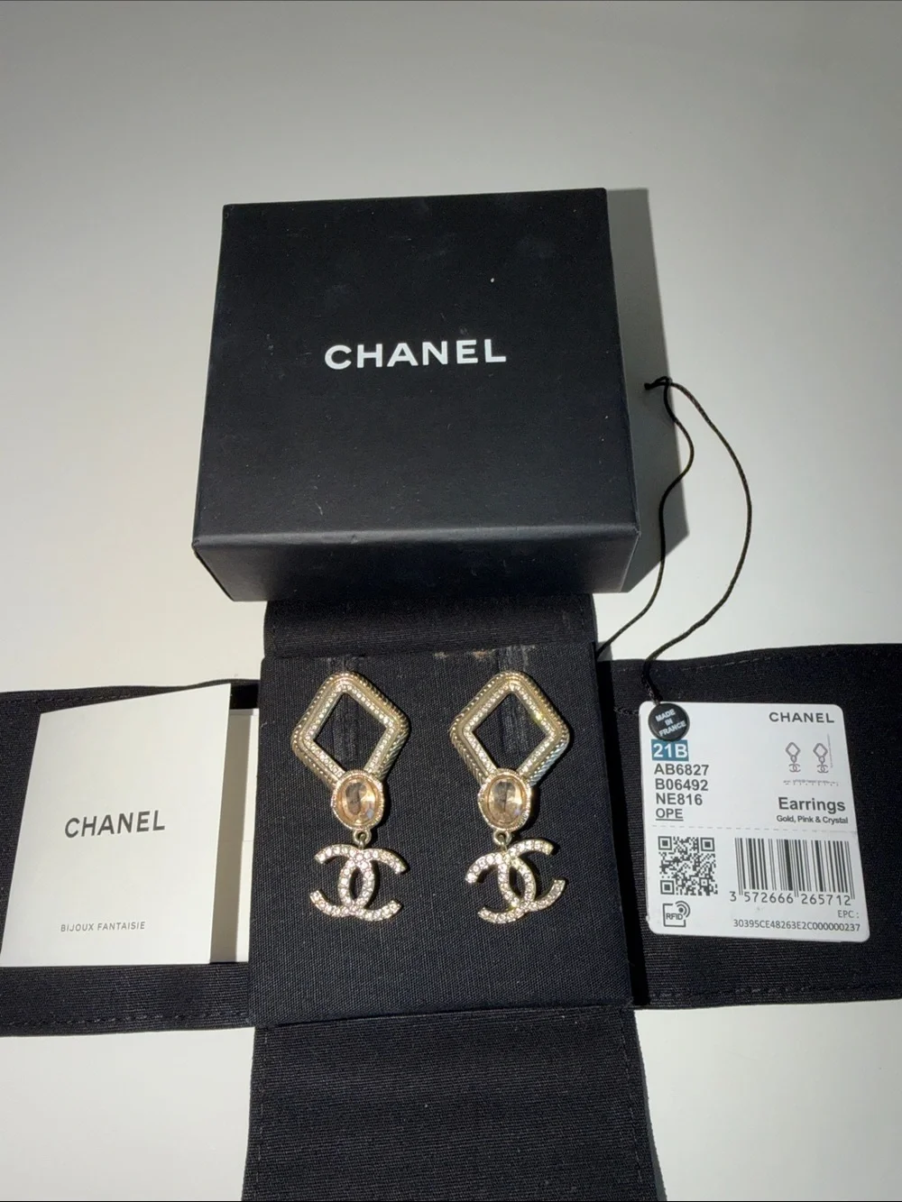 CHANEL Gold and Clear Crystal CC Drop Earrings